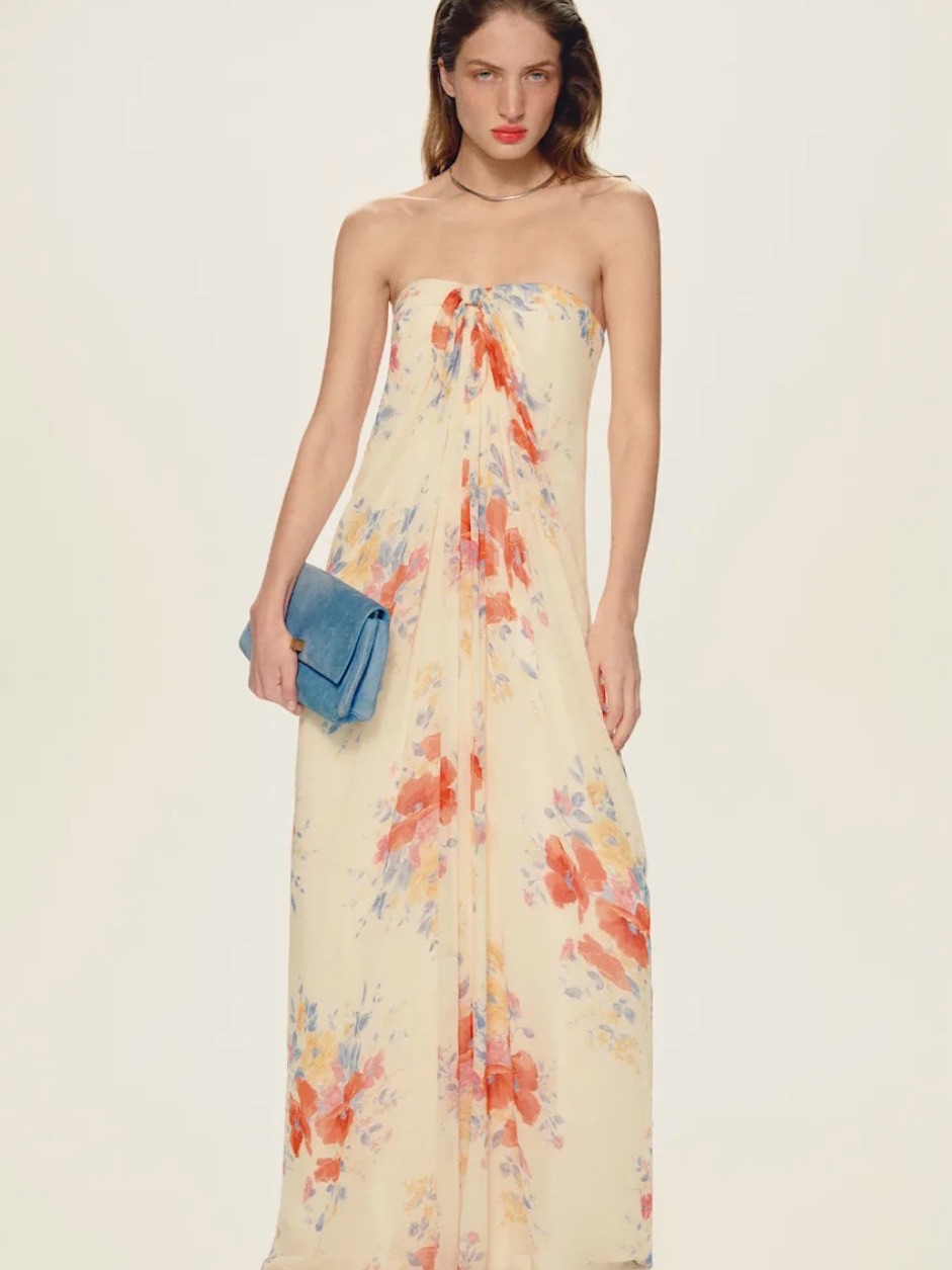 Reformation Cream Strapless Floral Maxi Dress With Red & Blue Accents